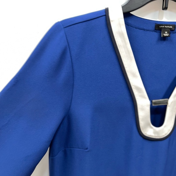 Ann Taylor Dress Womens Size Medium Blue Black Polyester V-Neck Classic - Picture 5 of 15